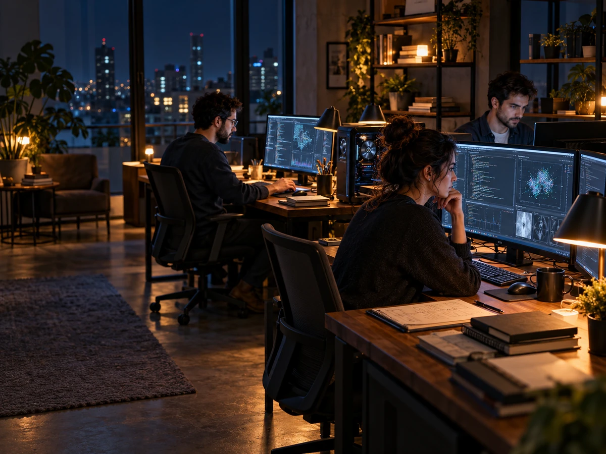 Equipe trabalhando em soluções digitais em um escritório